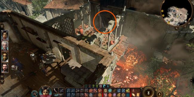 The Waukeen's Rest building on fire in Baldur's Gate 3.